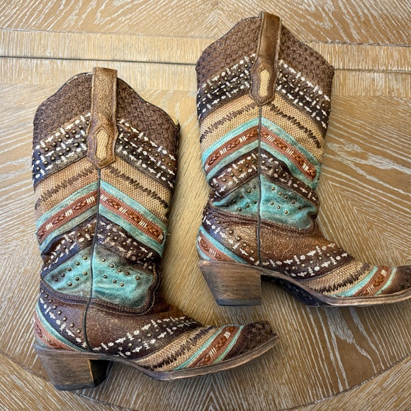 Women's Western Leather Boots - Brown and Turquoise - Picture 4 of 10